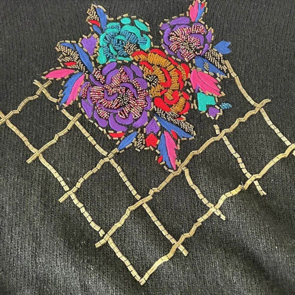VTG 80s black mock neck sweater beaded SILK floral L rabbit hair